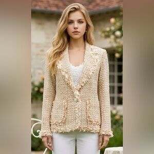 Fringed Cream Tweed Blazer Jacket